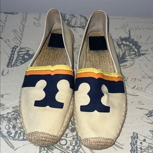 Tory Burch Cream and Navy Espadrilles with Yellow Accent